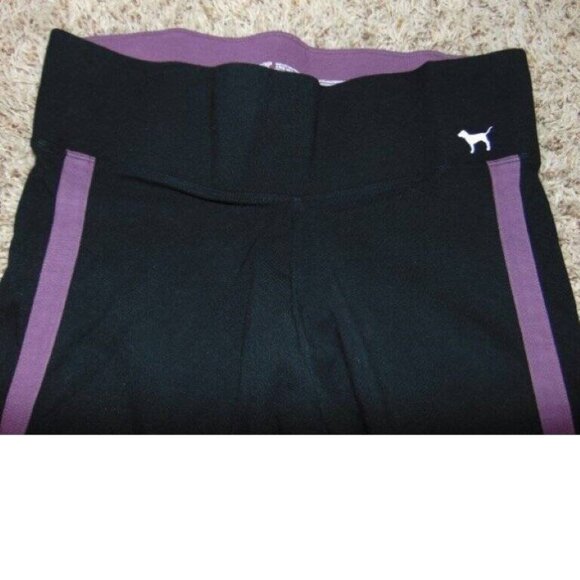 Womens Victorias Secret PINK Yoga Pants Medium Black Purple Crop Strappy Legs - Picture 2 of 6